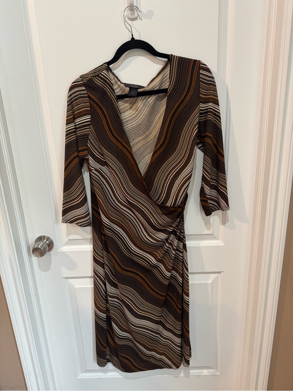BCBG Brown and Cream Striped Faux-Wrap Dress